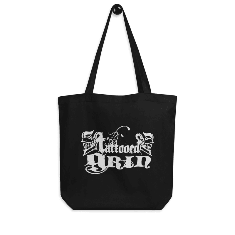 Tattooed Grin - White Logo - Black Tote Bag