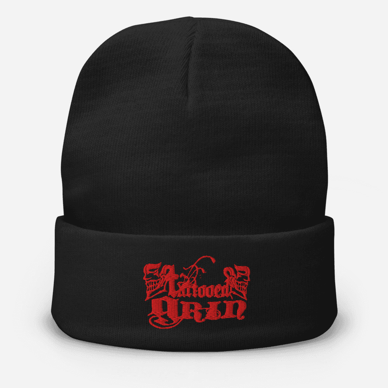 Embroidered Beanie - Tattooed Grin - Red Lettering